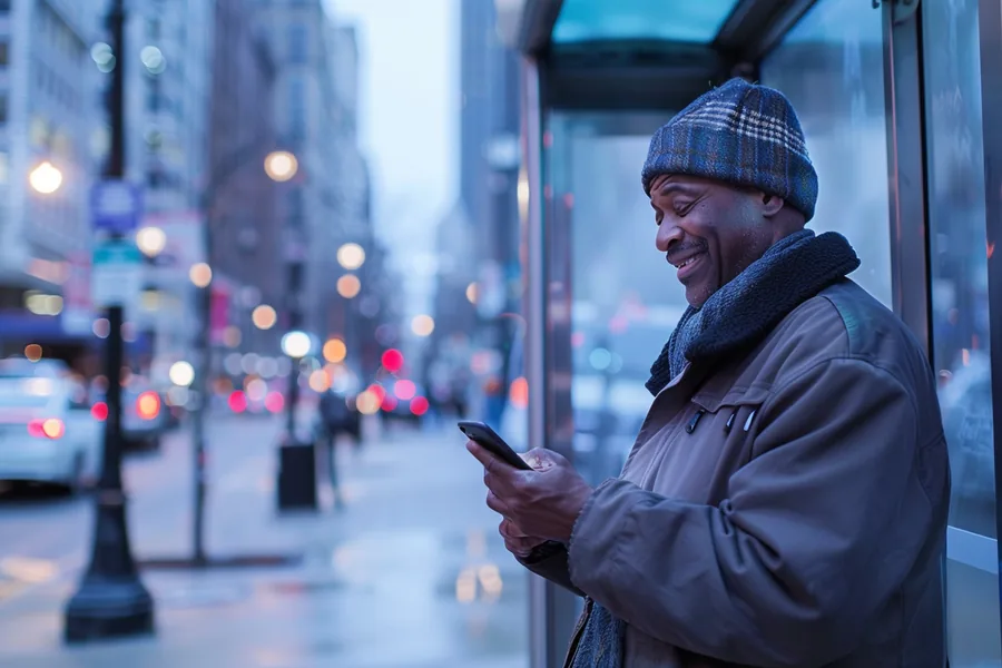American man checking his phone with a satisfied nod at a bright bus stop