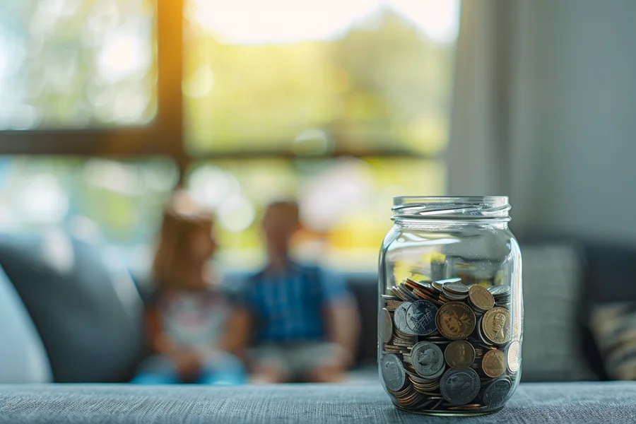 Glass jar of coins on a sunny windowsill with an American family home in soft focus