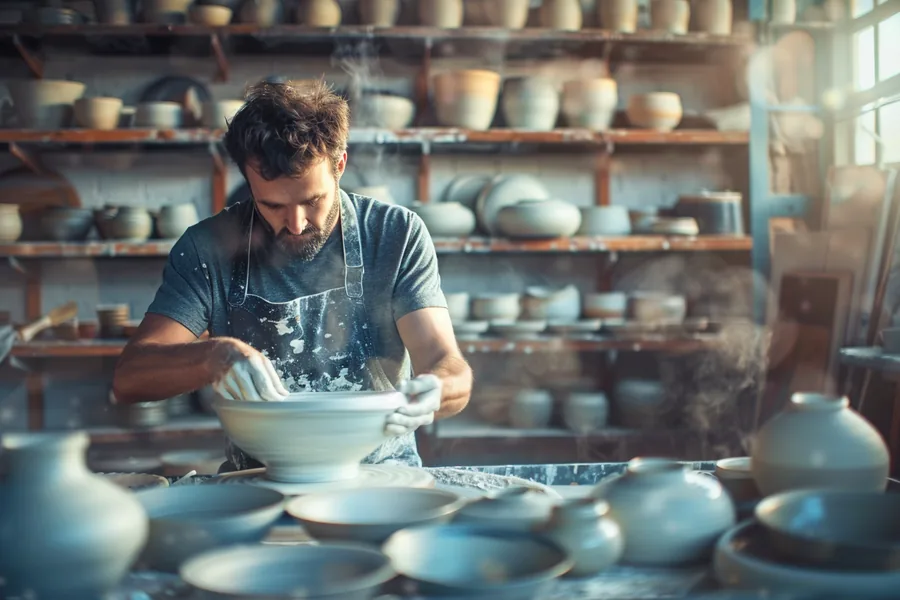 American potter shaping a bowl at a wheel in a sunlit studio, craft as side income