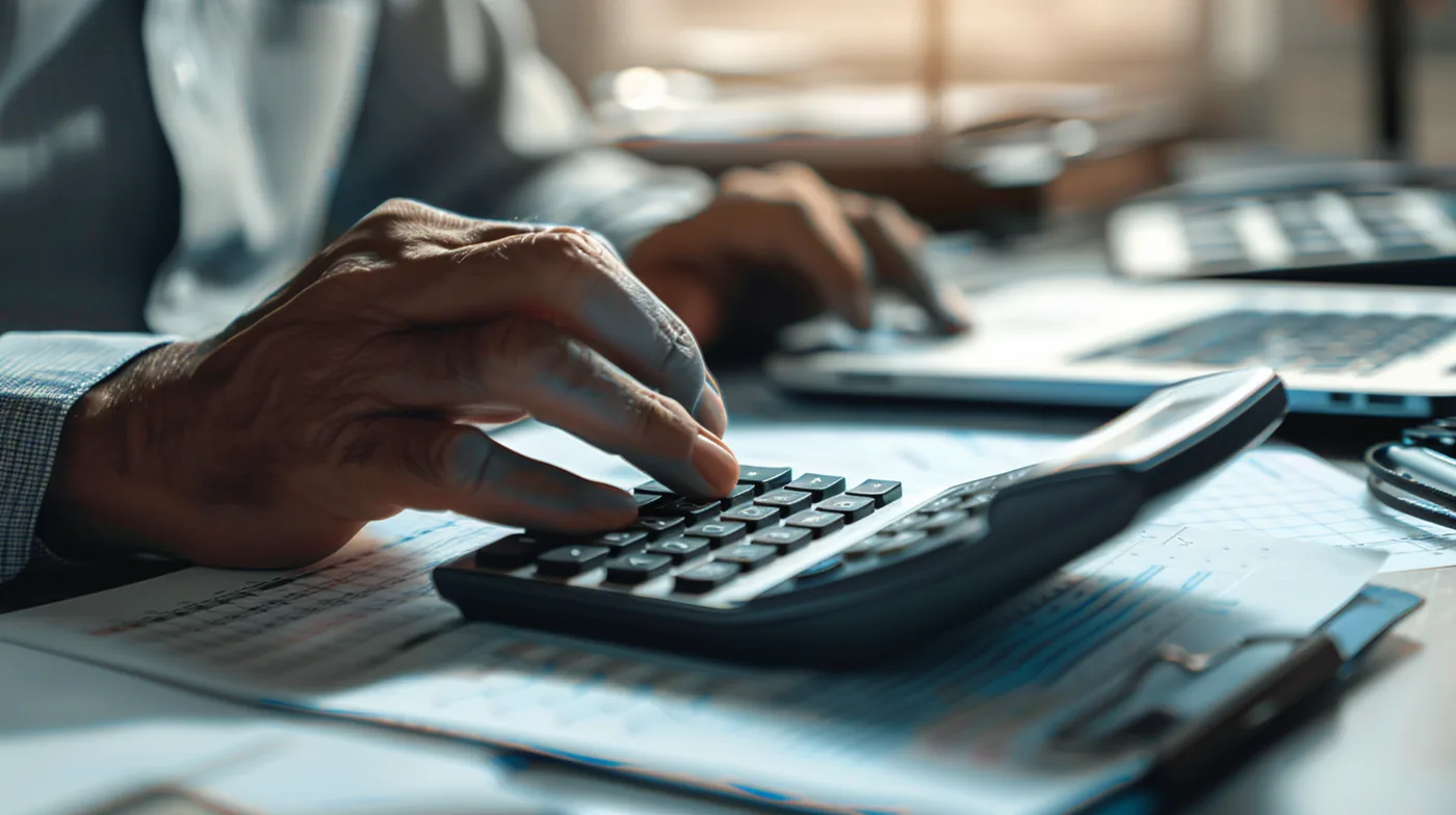 American man's hands working a desk calculator beside a notepad, planning a rapid finance loan repayment
