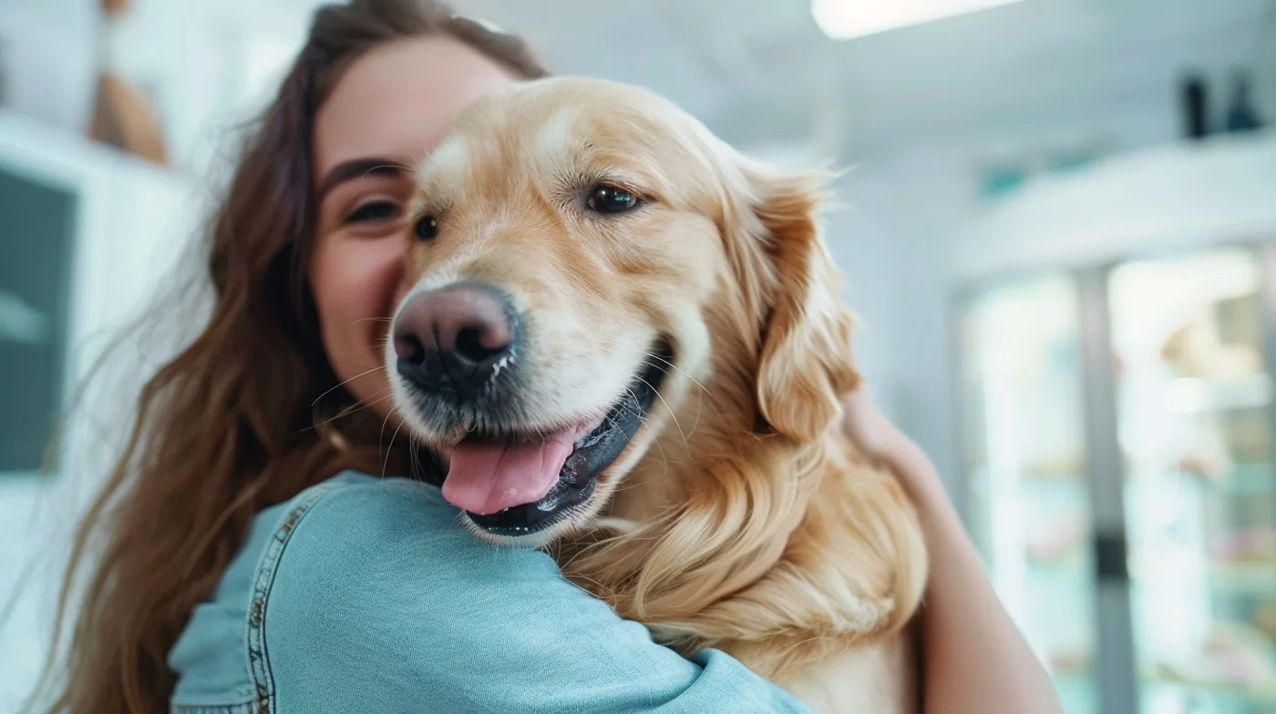 Smiling American woman hugging her golden retriever at the veterinary clinic after arranging a rapid finance pet care loan