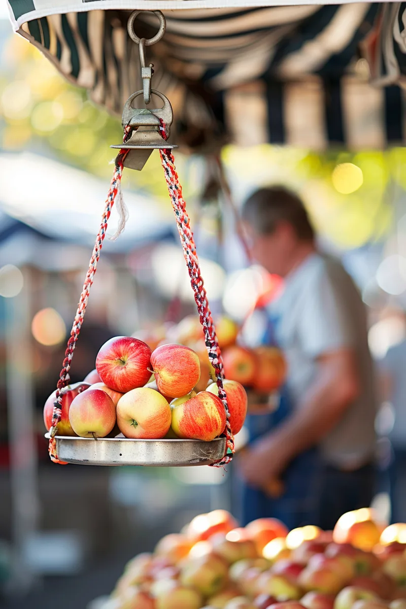 American farmers market vendor weighing apples on a hanging scale, the art of weighing loan options fairly