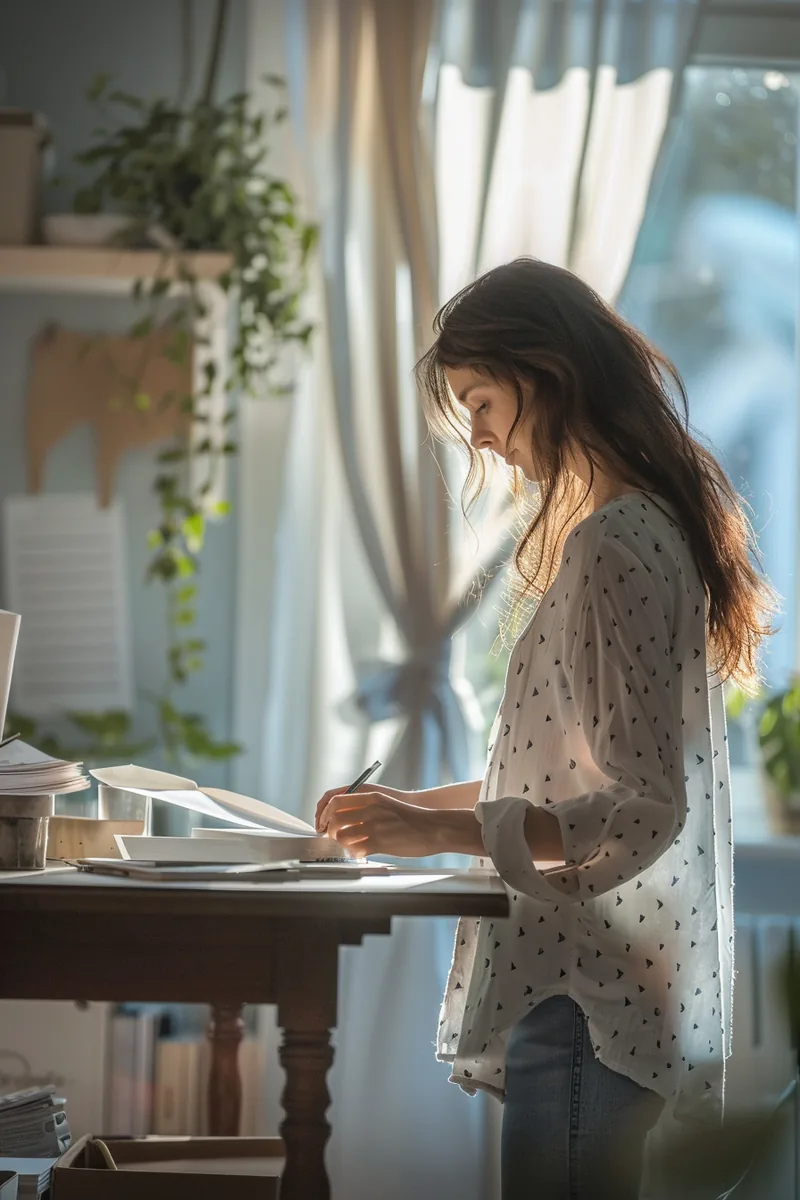 American woman sealing an envelope at her standing desk, paperwork ready before her rapid finance application