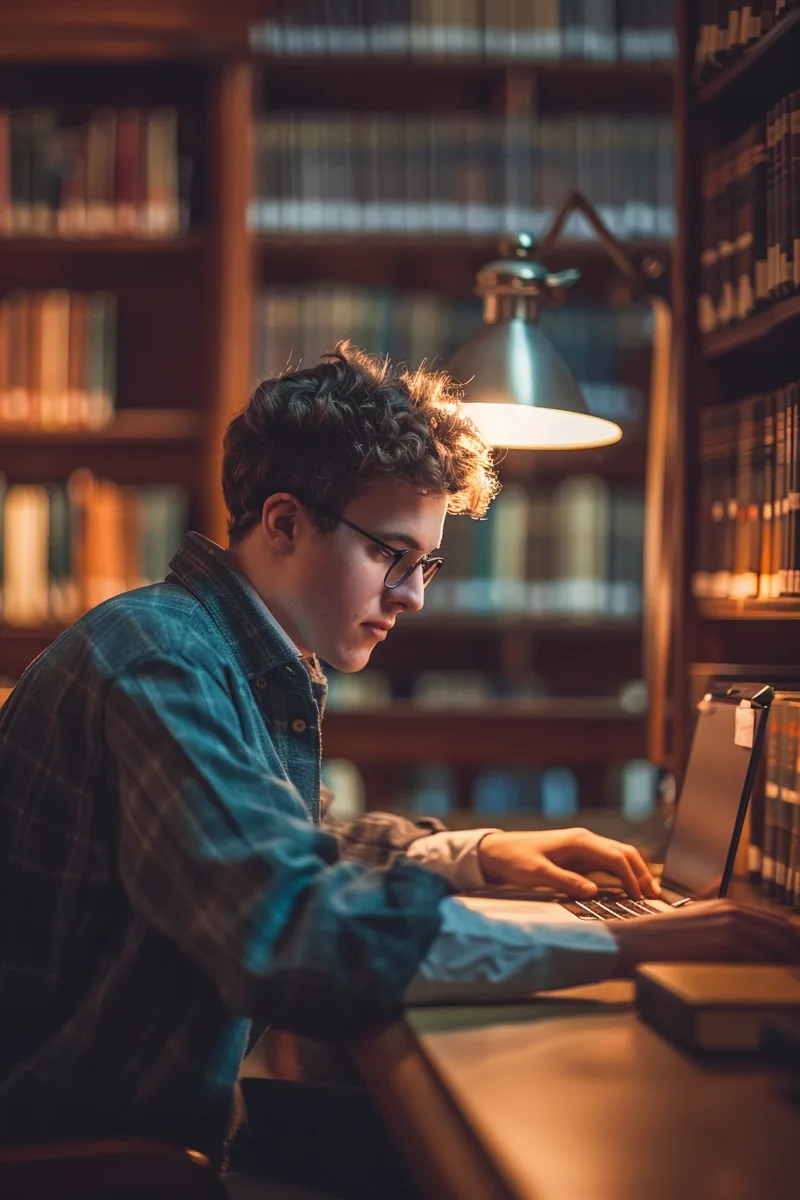 American student typing at a warm library carrel, deep in personal finance reading