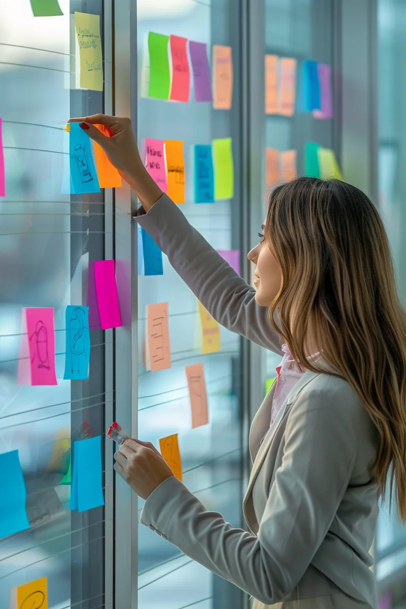 American woman arranging colored sticky notes on a glass wall while planning her budget around a rapid finance payment