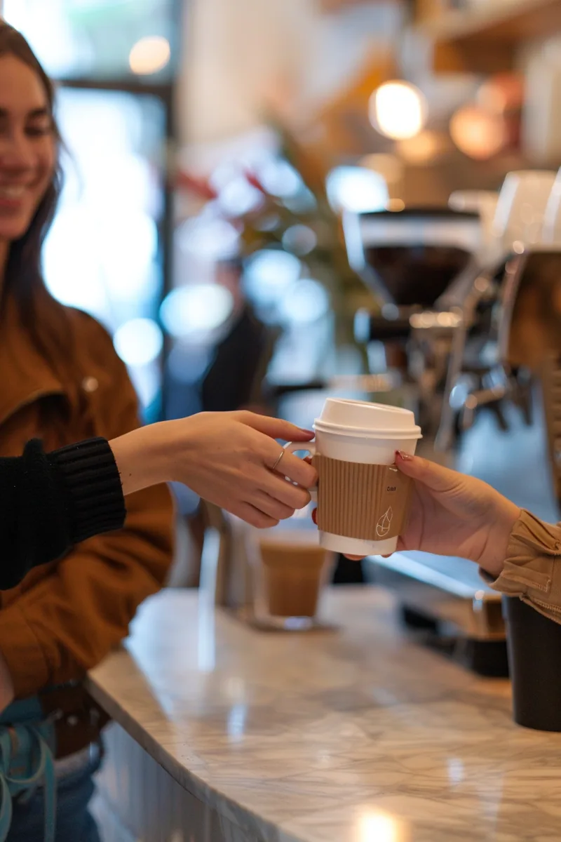 Friendly American barista handing a coffee across the counter, a small business moment that rapid finance loans often support