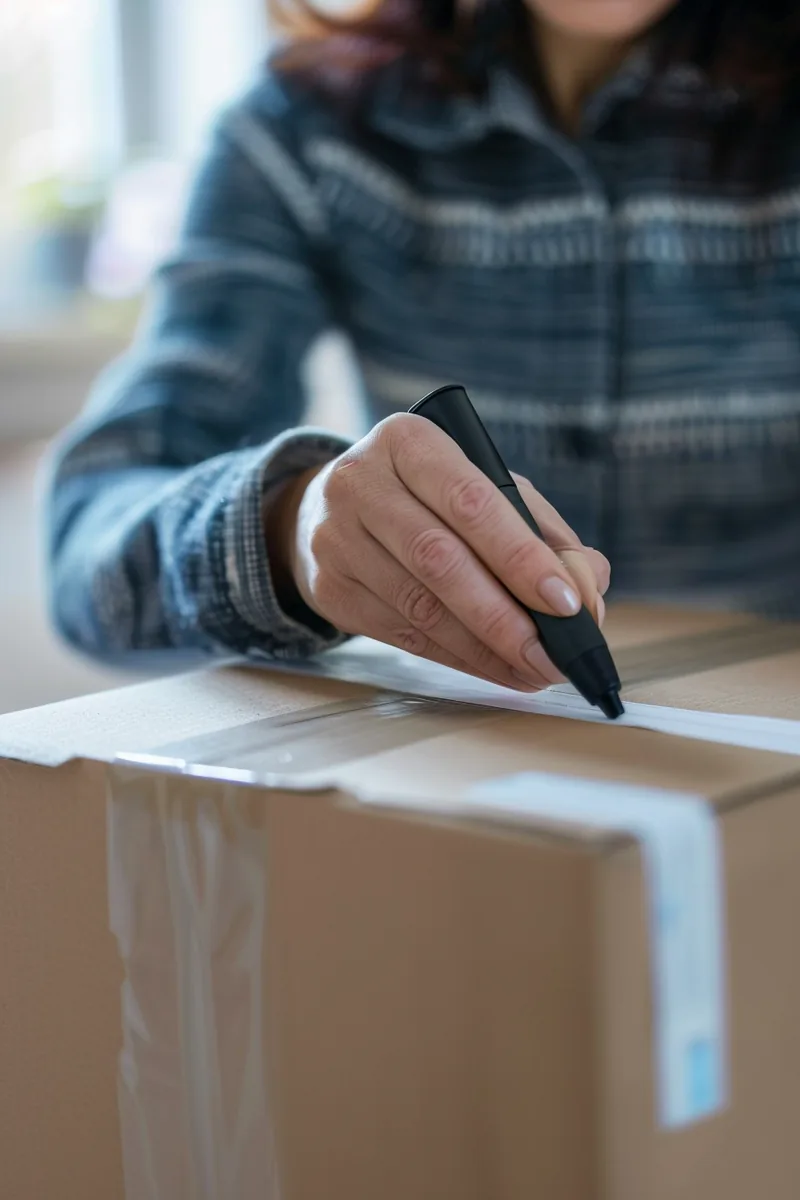 American woman labeling a packed cardboard box with a marker before her rapid finance funded relocation