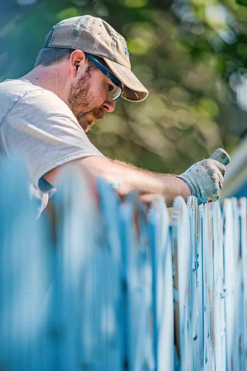 American homeowner repainting his wooden fence sky blue, a weekend project made affordable with a small personal loan