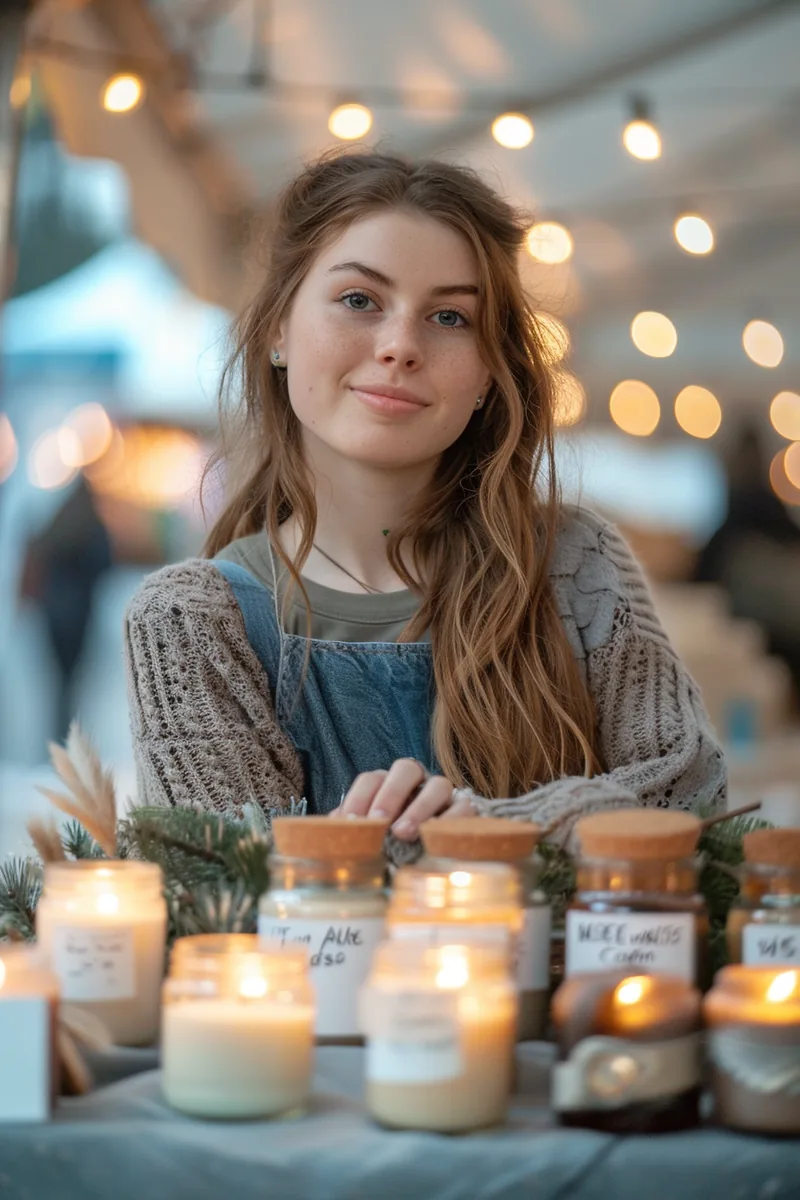 American woman selling handmade candles at her craft stall, a side income built from a hobby