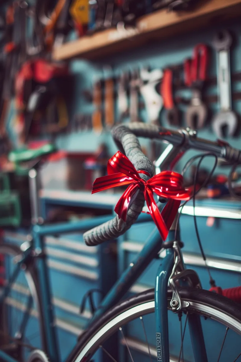 American dad wrapping a bicycle with a red bow in the garage before a holiday morning